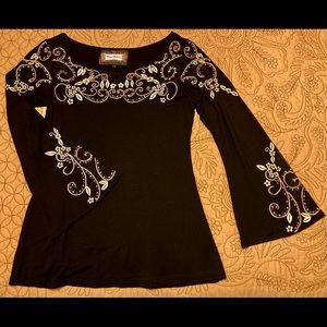 Vintage Collection!  Black bell sleeve top with cream gold beading & embroidery